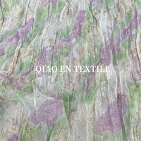 Tissu en Chiffon Froissé Imprimé Floral Vert et Violet Effet Encre, Broderie Fil Doré, Semi-Transparent Fluide, 100% Polyester, Style Rétro Hanfu