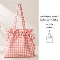 Sac fourre-tout personnalisé en tissu gingham à cordon, réutilisable, en coton doux à carreaux, avec bord à volants, vente en gros