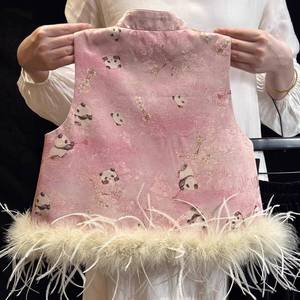 Girls Panda Print Silk Vest Pink Thickening Ostrich Feather Trim Autumn Winter Fashion - Product Image 2