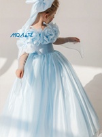 Gaun Formal Remaja Meiqiai Biru Langit Model Off Shoulder Buatan Tangan dengan Hiasan Mawar 3D, Lengan Ruffle Transparan, Gaun Pengiring Pengantin/Pesta LP819