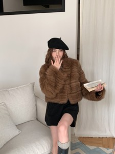 Giacca in Pelle con Pelliccia di Volpe Importata, Bicolore, per Donna, Cappotto in Vera Pelliccia di Volpe Spessa - Product Image 1