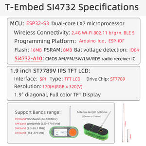 บอร์ดพัฒนา T-EmbedSI4732 ESP32-S3 พร้อมชุดอุปกรณ์จอแสดงผลคริสตัลเหลวขนาด 1.9 นิ้ว RGB พร้อมตัวเข้ารหัส ชุดควบคุมการปรับแอมพลิจูด/ความถี่แบบเต็มย่านความถี่/ซอฟต์แวร์ - Product Image 5