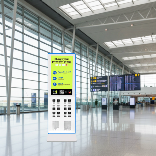 Large Capacity 15W Floor Standing Shared Power Bank Station with 43-inch Advertising Screen & Tap-to-Pay for Retail Hospitality
