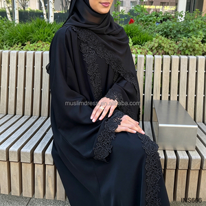 Ensemble <span class=keywords><strong>Abaya</strong></span> 3 pièces élégant noir, style Dubaï et turc, vêtements islamiques modestes, avec cardigan ouvert à bordure en dentelle, <span class=keywords><strong>Abaya</strong></span>, Hijab et robe intérieure - Product Image 3