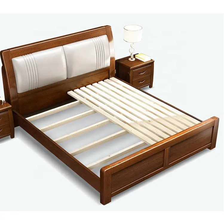 Nuevo Modelo de cama doble de madera maciza marrón duradero para dormitorio