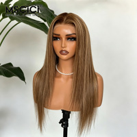 Perruque en cheveux humains vierges chinois en gros, longue et droite, brun clair, perruque frontale transparente 13x4, sans colle