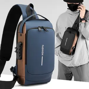 2023 Blaue Umhängetasche mit USB TSA Lock Diebstahls icherung Umhängetasche Mode Coole Schulter tasche Wasserdichtes benutzer definiertes Logo für Männer