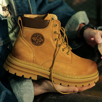 Bottes décontractées pour femmes, taille 40-45, en cuir de porc jaune, à lacets, mi-mollet, semelle épaisse, rehaussantes, collection automne