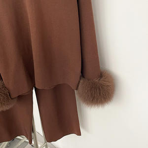 بيع بالجملة أساور بياقة من فرو الثعلب الناعم الفاخر سروال طويل للخريف واسع الساق سترة نسائية 2 طقم - Product Image 5