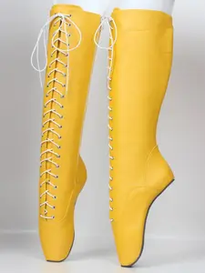 18Cm High Ballet Boots Yellow Fetish Heelless Heels Cross-Tied Shoes Slip On Party Club