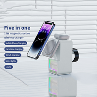 Chargeur sans fil 5-en-1 avec haut-parleur Bluetooth et veilleuse multifonctionnel, adapté aux téléphones et aux montres connectées.