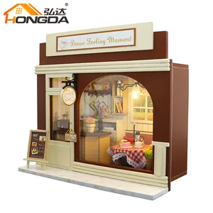 Hongda Fabricação Profissional Diy Wooden Dollhouse Casa De Jogo De Alta Qualidade Dollhouse Custom Coffee Shop Com Led