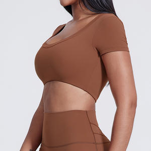 Maglietta attiva da donna a manica corta per Yoga Fitness morbida e traspirante da donna Skinny con biancheria intima elasticizzata con imbottitura sul petto - Product Image 5