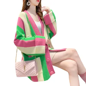 新款韩版长袖高品质女秋冬条纹针织外套红色白色粉色绿色毛衣