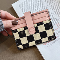 Dompet Koin Kulit PU Motif Kotak-kotak Modis, Dompet Mini Kanvas, Tempat Kartu Multifungsi, Tempat Kartu Kredit & ID untuk Wanita
