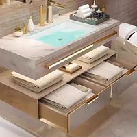 Meuble-lavabo mural double vasque de luxe moderne haut de gamme avec vasque intégrée en dalle de roche et armoire miroir LED