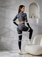 Setelan Yoga Fitness Musim Semi Gugur Terbaru 2-Potong Celana Panjang Lengan Panjang Bernapas Bermotif Menyerap Keringat Elastis Pinggang Elastis