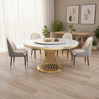 Luxuriöser Runder Marmor-Esstisch mit Lazy Susan Goldfarbener Metallgewebter Basis & Eingebauter Drehscheibe Moderner Küchentisch für 6-8 Personen