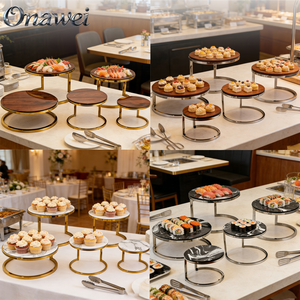 ขาตั้ง<span class=keywords><strong>บุฟเฟ่ต์</strong></span>ลายไม้สีขาวดำ Onawei <span class=keywords><strong>พร้อม</strong></span>ถาดเสิร์ฟเมลามีนสแตนเลส สำหรับจัดแสดงอาหารในงานแต่งงาน - Product Image 1