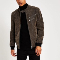 Blouson bombardier à col montant pour homme, blouson de course en daim marron foncé, à la mode, automne et hiver