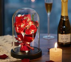 Hot Sale Soap Flowers Acrylic/Glass Cover Led for Valentine's Day Gift <b>Artificial</b> Soap Rose <b>Bouquet</b> in Glass Dome - Product Image 1
