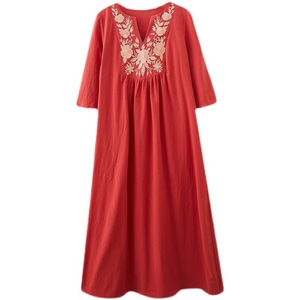 <span class=keywords><strong>Robe</strong></span> mi-<span class=keywords><strong>longue</strong></span> pour femmes, style ethnique, broderie ample, col en V, manches 3/4, nouvelle collection été - Product Image 5