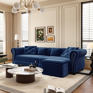 Canapé-lit Chesterfield 3-en-1 en velours de luxe bleu 89 pouces, capitonné, avec ottoman mobile et fonction couchage - Product Image 4