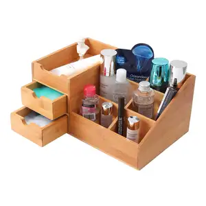 HOSTK Wadah dan Pengatur Kosmetik Konter Kamar Mandi Bambu Tempat Kuas Baki Kosmetik Kayu Organizer Makeup dengan Laci