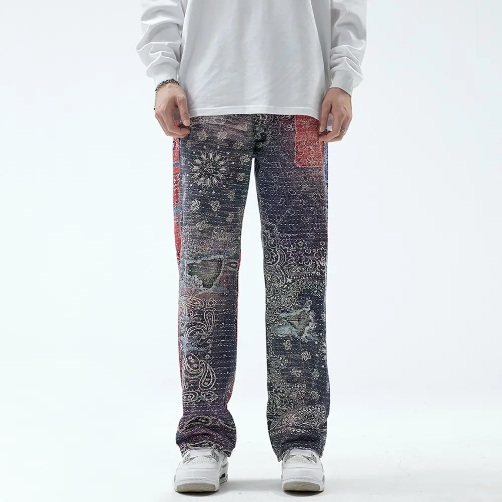 Sintetis hip hop digital printing, jeans pria longgar lurus gradien retro