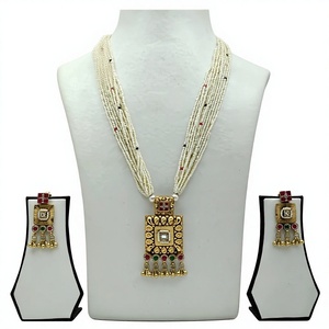 Traditional Gold White Pearl <b>Beaded</b> Long Necklace <b>Set</b> with Square Kundan Pendant and Matching Earrings for Women - Product Image 1