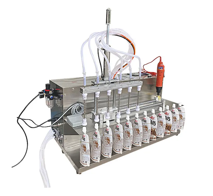6 헤드 반자동 자체 지원 스파우트 파우치 백 물 주스 우유 액체 충전 기계
