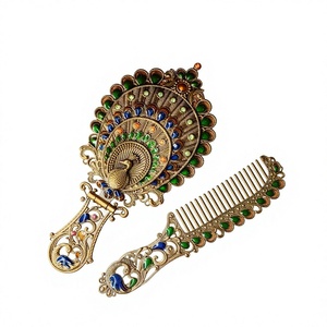 Juego de espejo y peine de metal, espejo de tocador con diseño de pavo real, montaje de sobremesa, con marco, ovalado, espejo de maquillaje multicolor - Product Image 3