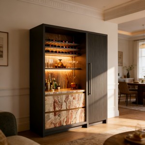 Luxury Wine Cabinet with LED Marble Drawers Open Shelves Black Modern Liquor Storage <strong>Bar</strong> <strong>Unit</strong> for Dining Room - Product Image 1