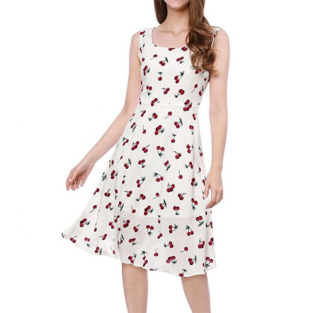 Women Casual Summer Dress Vintage Sleeveless Summer Flared A-line Cherry Print Dress