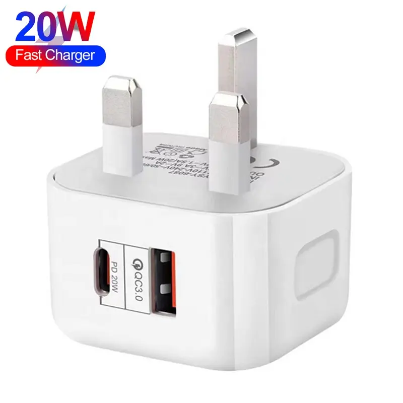UK/EU/US 20W PD+QC3.0 Fast Travel Charger Dual Port PD20W USB USBC PD Fast Charger Adapter for iPhone Huawei Samsung