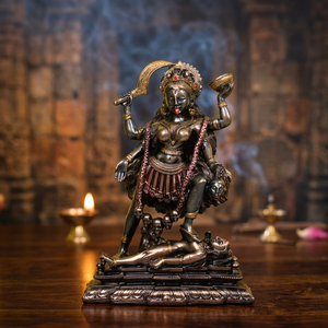 Estatua de Kali de Resina con Acabado en Cobre Antiguo |   Ídolo de la Diosa Hindú Mahakali de pie junto a Shiva |   Artesanías Nirmala NH05838 Hechas a Mano - Product Image 2