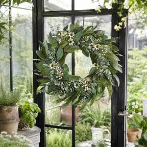 Artificial Eucalyptus White Daisy Flowers Berries Handmade Traditional Mount Indoor Wreath for Farmhouse <b>Front</b> <b>Door</b> - Product Image 2