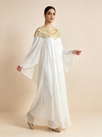 Élégante Cape Abaya Dorée à Paillettes et Perles en Polyester, Kaftan Long Ample en Mousseline Anti-Plis pour Mariage et Soirée d'Automne