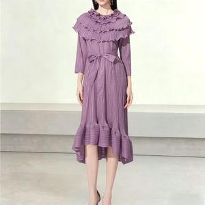 Vestido Midi Elegante <span class=keywords><strong>con</strong></span> Volantes y Pliegues para Mujer, Venta al por Mayor, OEM ODM, Primavera Verano 2026, Color Morado, <span class=keywords><strong>con</strong></span> Cinturón, para Oficina o Fiesta - Product Image 1