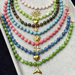 <span class=keywords><strong>Collana</strong></span> a strati con perline in pietra naturale da 10 mm, ciondolo in acciaio inossidabile a forma di sole, stella marina, cuore oceanico, sirena, gioielli boho chic da donna - Product Image 1
