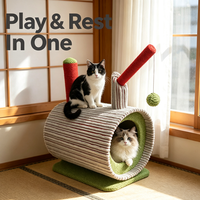 Mignonne Tour d'activités pour chat en forme de cylindre avec cachette, maisonnette en velours côtelé et colonnes à gratter en sisal
