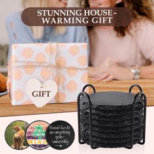 Набор из 8 круглых сланцевых черных подставок с металлическим держателем 4-дюймовый каменный журнальный столик для дома и офиса, кухни, квартиры, бара - Product Image 2