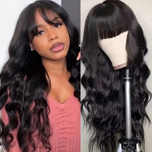 Perruque en cheveux humains noirs avec frange sans colle, prête à porter, ondulée, densité 180 %, fabriquée à la machine pour femmes, couleurs plus foncées uniquement - Product Image 2