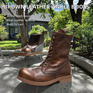 Men's Fashion Brown Leather Roman <b>Boot</b> Side Zip New Product Genuine Leather Lining Ankle Height Lace-Up Closure Type Autumn EVA - Product Image 2