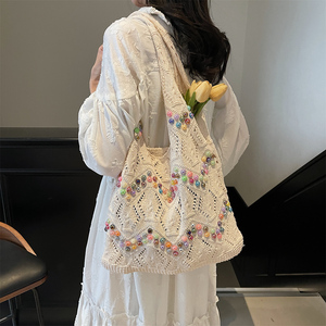 กระเป๋าผ้าถักโครเชต์แบบเปิดสีทึบกระเป๋าผ้าฟางถักลายดอกไม้กลวงสำหรับชายหาดฤดูร้อน - Product Image 2