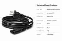 Cable de alimentación C7 con conector en forma de ocho NEMA 1-15P, cable de CA estadounidense de 18 AWG, 10 A, 125 V para TV, radio, DVD, aparatos de audio, a granel