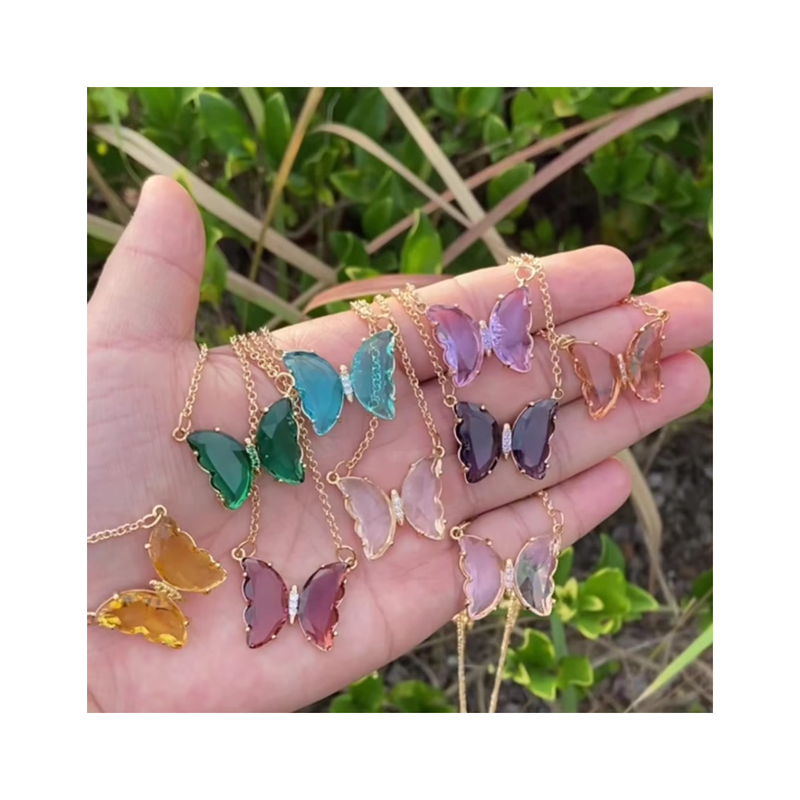 Transparent Glass Crystal Butterfly Necklace for