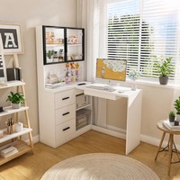 Bureau d'angle en L pour étudiant avec éclairage LED, vitrine en verre et bibliothèque à 3 tiroirs, MOQ 100
