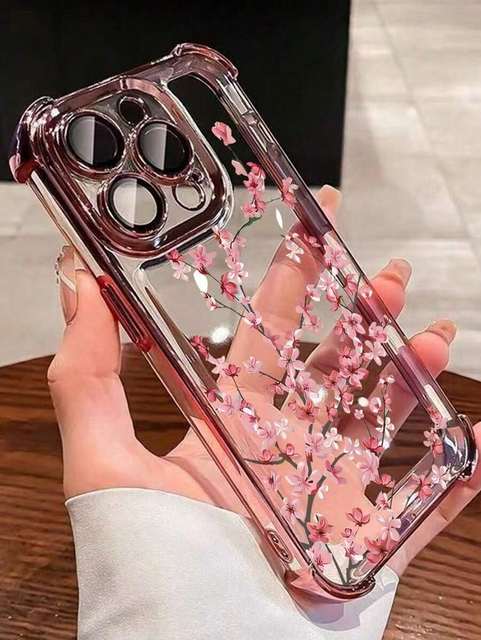 Romantic plum Blossom Pattern Phone case for iphone 13 14 15 16 17 Pro Max Four Corner Transparent Shockproof Back Cover