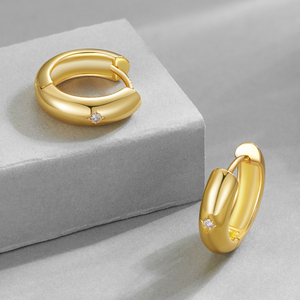 Classic 10K Gold <b>Huggie</b> Earrings With Round Diamond Claw Setting Women's Jewelry Gift Style - Product Image 3